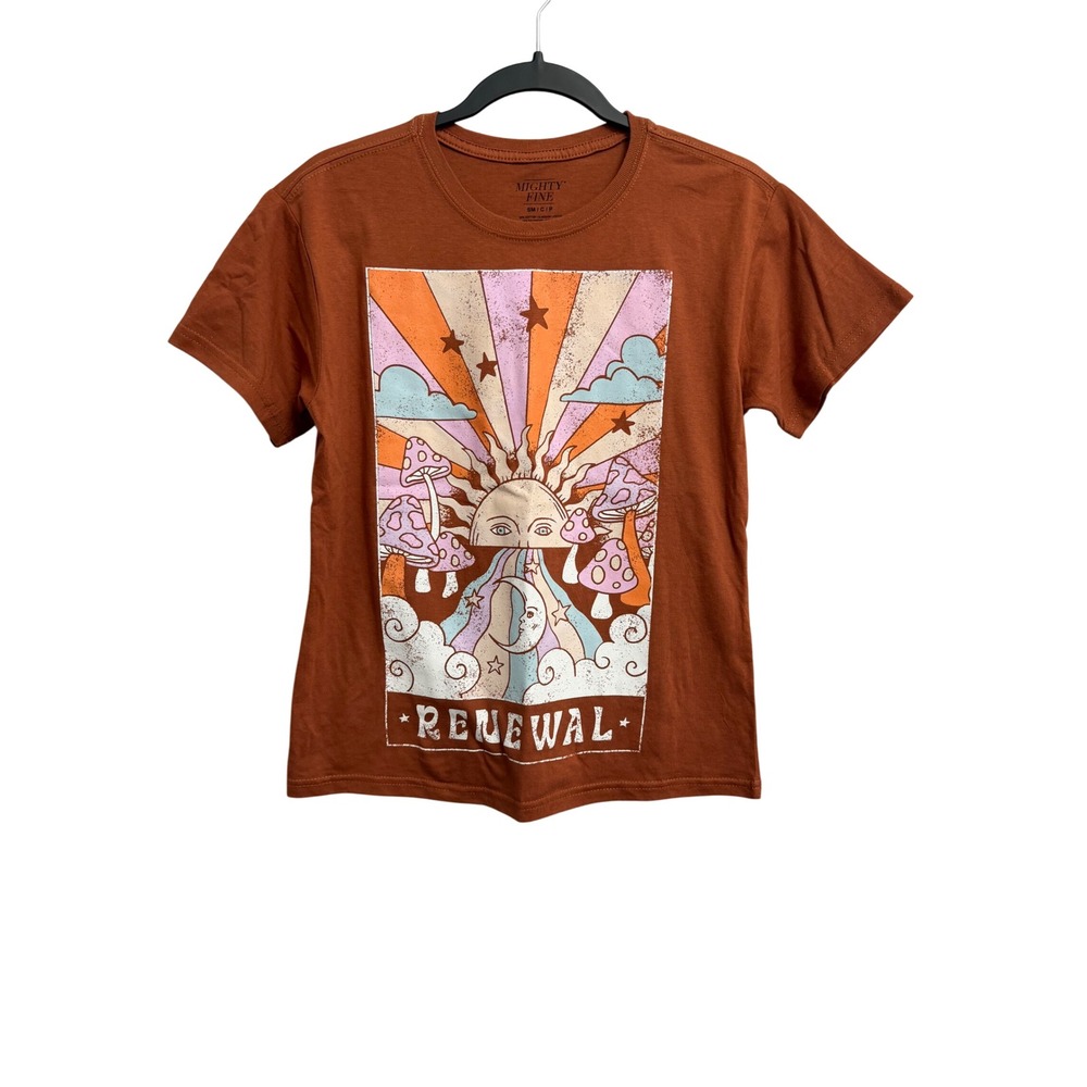 Mighty Fine Renewal Graphic Tee Rust Brown Sun Moon Mushroom Celestial Shirt S